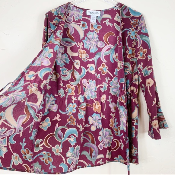 KEY LIME PIE Wine Floral Beads Linen Boho Kimono S - Picture 6 of 8